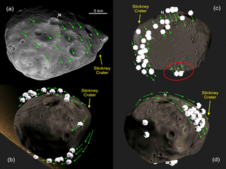 Computer models showing the possible paths of rolling boulders on Phobos following the Stickney impact.
